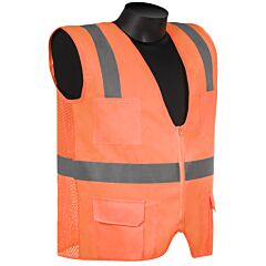 Liberty Safety C16010F Class 2 Safety Vest, Orange Solid Front & Mesh Back Fabric, 2" Silver Stripes, Zipper Closure, 4-Outside Pockets, Size Large