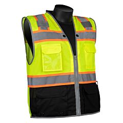 Liberty Safety C16011Gb Class 2 Safety Vest, Lime Green Solid Fabric, Two-Tone 2" Silver Stripes, Padded Collar, Zipper Closure, 5-Outside Pockets & 1-Inside Tablet Pocket, Black Bottom, Size X-Large
