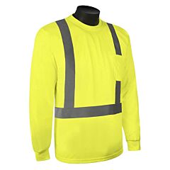Liberty Safety C16700G Class 2 Long Sleeve T-Shirt, Lime Green Open Weave Mesh Fabric, 2" Silver Stripes, Chest Pocket, Size Large
