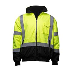 Liberty Safety C16725G Class 3 Lime Green Bomber Jacket, Full Interliner And Insulate Collar, Hidden Hood W/Adjustable Pull Cord, Black Bottom Front, Size Medium