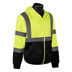 Liberty Safety C16734Gb Class 3 Lime Green Fleece Sweatshirt, Attached Hood & Draw String, Zipper Closure, 2" Silver Stripes, Black Bottom Front, Size Medium