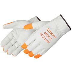 Liberty Safety I6147F Economy Grain Cowhide Leather Drivers Gloves, Orange Finger Tips, "Watch Your Hands" Logo, Keystone Thumb, Unlined, Shirred Elastic Back, Size Small