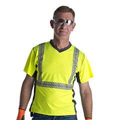 Cordova V4712Xl Cor-Brite™ Class 2, Lime Comfort Stretch T-Shirt, Short Sleeves, Gray Side Panels & V-Neck, 2-Inch Silver Segmented Reflective Tape, Size 2X-Large