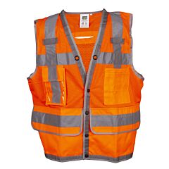 Cordova Vs295L Class 2, Heavy Duty, Orange Mesh Surveyors Vest, Snap Closure, 2-Inch Silver Reflective Stripes, Gray Nylon Woven Trim, D-Ring Access, Clear Badge Holder, Size Large