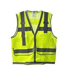 Cordova Vs296S Class 2, Heavy Duty, Lime Mesh Surveyors Vest, Snap Closure, 2-Inch Silver Reflective Stripes, Gray Nylon Woven Trim, D-Ring Access, Clear Badge Holder, Size Small