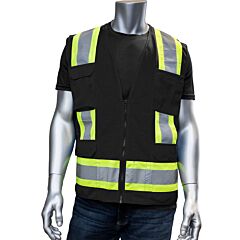 Pip 301-0500M-Bk/5X Ansi Type O Class 1 Two-Tone Eleven Pocket Mesh Surveyors Vest, Black, Size 5X-Large