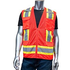 Pip 302-0500M-Rd/5X Ansi Type R Class 2 Two-Tone Eleven Pocket Mesh Surveyors Vest, Hi-Vis Red, Size 5X-Large