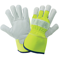 Global Glove 1100Ghv Hi-Vis Canvas Back With Goatskin Leather Palm Gloves, Size Large