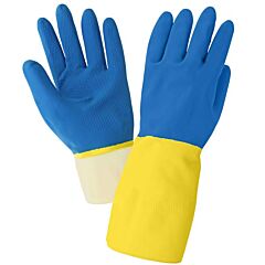 Global Glove 244 Flock-Lined 28-Mil Yellow Rubber Latex Unsupported Gloves With A Blue Neoprene Coating And Honeycomb Pattern Grip, Size Large