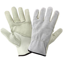 Global Glove 3200Pp Economy-Grade Gray Cowhide Grain Patch Palm Leather Gloves, Size Large