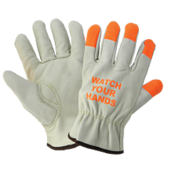 Global Glove 3200Wh Leather Driver Style Gloves With Hi-Vis Orange Fingertips, Size Medium
