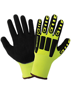 Global Glove Vise Gripster C.I.A. Cia501Mf Hi-Vis Double Mach Finish Nitrile Coated Impact Gloves With Cut/Impact Resistant, Cut Level A1, Size Medium