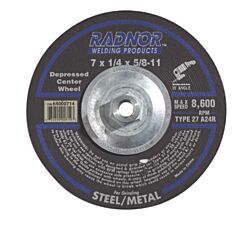Radnor 64000714 7" X 1/4" X 5/8" - 11 A24R Aluminum Oxide Type 27 Depressed Center Grinding Wheel For Use With Right Angle Grinder On Metal And Steel