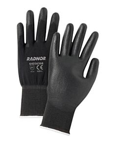 Radnor 64056367 13 Gauge Black Polyurethane Palm And Finger Coated Work Gloves With Black Nylon Liner And Knit Wrist, Size Medium