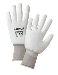 Radnor 64056380 15 Gauge White Polyurethane Palm And Finger Coated Work Gloves With White Nylon Liner And Knit Wrist, Size X-Small