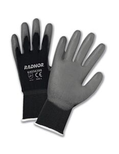 Radnor 64056490 15 Gauge Black Polyurethane Palm And Finger Coated Work Gloves With Gray Nylon Liner And Knit Wrist, Size 2X-Large