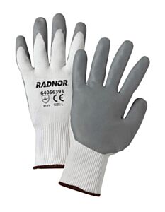 Radnor 64056395 15 Gauge Gray Nitrile Palm And Finger Coated Work Gloves With White Nylon Liner And Knit Wrist, Size 2X-Large
