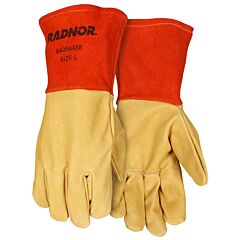 Radnor 64056458 11 12" Gold And Red Premium Grain Pigskin Unlined Mig Welders Gloves With 4" Split Cowhide Gauntlet Cuff, Size Large