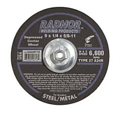 Radnor 64000718 9" X 1/4" X 5/8" - 11 A24R Aluminum Oxide Type 27 Depressed Center Grinding Wheel For Use With Right Angle Grinder On Metal And Steel