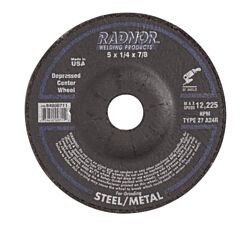 Radnor 64000711 5" X 1/4" X 7/8" A24R Aluminum Oxide Type 27 Depressed Center Grinding Wheel For Use With Right Angle Grinder On Metal And Steel