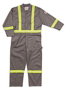 Stanco Frc686Gry-2Xl 100% Fr Cotton Deluxe Coverall,Zip Front Slant Pockets, 7 Oz Full-Featured, 2" Lime/Silver Reflective Tape - Legs, 'X Back' Arms, Waist, 8.0 Cal, Cat 2, Color Grey, Size 2X-Large