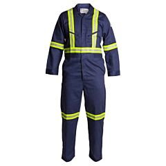 Stanco Frc686Nb-M 100% Fr Cotton Deluxe Coverall,Zip Front Slant Pockets, 7 Oz Full-Featured, 2" Lime/Silver Reflective Tape - Legs, 'X Back' Arms, Waist, 8.0 Cal, Cat 2, Color Navy Blue, Size Medium