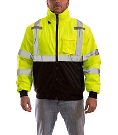 Tingley J26002 Bomber Class 3 Jacket, Elastic Waist And Cuffs, Roll-A-Way Hood In Collar, Lime/Black