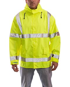 Tingley J23122 Vision Class 3 Rain Jacket, Storm Fly Front, Hook & Loop Take-Up Straps, Hood In Collar, Lime