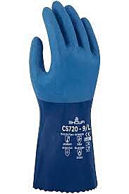Showa Atlas Cs720 Chemical Resistant Nitrile Gloves, Fully Coated, Blue, Seamless Knitted Liner, Wicks Away Moisture, 12" Length, Rough Finish, Size Medium
