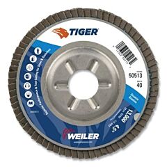 Weiler 50513V Tiger® Disc Angled Style Flap Disc, 4-1/2 In Dia, 40 Grit, 7/8 In Arbor, 13000 Rpm, Vending