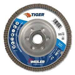 Weiler 50519V Tiger® Disc Abrasive Flap Disc, 4-1/2 In Dia, 60 Grit, 5/8 In -11 Arbor, 13000 Rpm, Vending