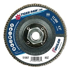 Weiler 51067 Tiger Paw™ Super High Density Flap Disc, 4-1/2 In Dia, 80 Grit, 5/8 In-11 Arbor, 12000 Rpm, Type 29 Conical