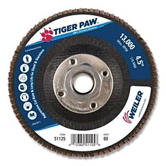 Weiler 51125V Tiger Paw™ Coated Abrasive Flap Disc, 4-1/2 In Dia, 60 Grit, 5/8 In - 11 Arbor, 13000 Rpm, Vending