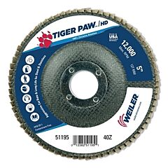 Weiler 51195 Tiger Paw™ Super High Density Flap Disc, 5 In Dia, 40 Grit, 7/8 In Arbor, 12000 Rpm, Type 27 Flat