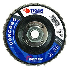 Weiler 51254 Trimmable Tiger Flap Disc, 4-1/2 In Dia, 36 Grit, 5/8 In To 11 In Arbor, 13000 Rpm