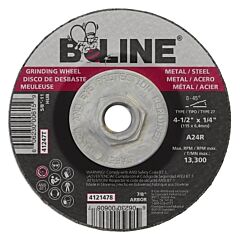 B-Line Abrasives 41247T Depressed Center Grinding Wheel, 4-1/2 In Dia, 5/8 In-11 Arbor, 1/4 In Thick, 24 Grit, Aluminum Oxide