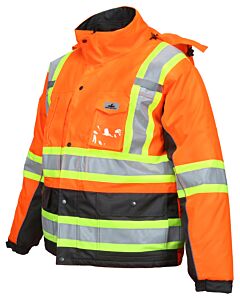 Mcr Safety Vt31Jh Double Insulated Rip Stop Poly/Pu, Class 3 Jacket W/ Detachable Hood, Zip Out Inner Fleece Liner, Orange/Black Shading