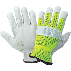 Global Glove 3100Ghv Hi-Vis Mesh Back Premium Goatskin Leather Palm Drivers Style Gloves