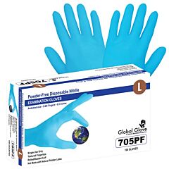 Global Glove 705Pf Nitrile, Powder-Free, Medical-Grade, Blue, 5-Mil, Textured Fingertips, 9.5-Inch Disposable Examination Gloves