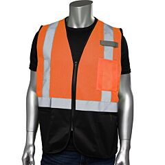 Pip 302-V173Bor-S/M Ansi Type R Class 2 Three Pocket Mesh Safety Vest With Black Bottom Front, Hi-Vis Orange, Size S-M