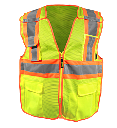 Occunomix Eco-Atrnsmb High Visibility Two-Tone Mesh Breakaway Surveyor Vest, Qr Zipper, Class 2, Yellow, Size Small