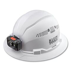 Klein Tools 60407Rl Type 1 Hard Hat, Ratchet With Pivot Suspension, Full Brim Vented, White, Rechargeable Headlamp W/Charging Cable