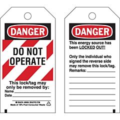 Brady 65452 Lockout Tag, Danger: "Do Not Operate" Striped Cardstock, 5 3/4" X 3", 25/Pkg