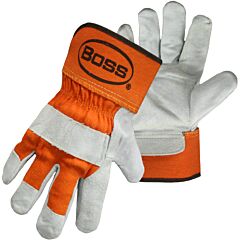 Boss 1Jl2393-Xl Premium Grade Split Cowhide Leather Double Palm Gloves With Fabric Back And Aramid Stitching - Rubberized Safety Cuff, Orange, Size X-Large