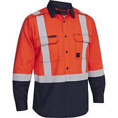 Bisley 385Mfrhs-On/L Ar/Fr Men'S Ripstop Long Sleeve Button Down With Navy Bottom, Orange/Navy, Size Large