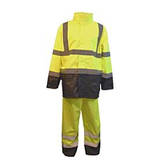 Cordova Spr3Gsbl Type R, Class 3, Two-Piece Rain Suit, Jacket With Attached Hood & Drawstring, Elastic Waist Pants, Waterproof Pu Coated Polyester Fabric. Black Bottom Jacket And Pants, Size Large
