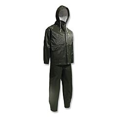 Onguard 7601800.2X Webtex 3-Pc Rain Suit With Hooded Jacket/Bib Overalls, 0.65 Mm Thick, Heavy-Duty Ribbed Pvc, Olive Green, 2X-Large