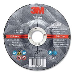 3M 051125-87468 Silver Cut-Off Wheel, Precision Shaped Ceramic, 5 In Dia, 0.875 In Arbor, 36+ Grit, Center Hole