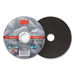 3M 051125-87467 Silver Cut-Off Wheel, Precision Shaped Ceramic, 5 In Dia, 0.875 In Arbor, 36 Grit, Center Hole Mounting