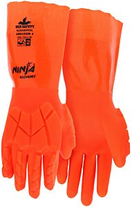 Mcr Safety N2658Hvol Gloves Ninja Alchemy 15 Ga Nylon Shell, Fully Coated, Double Dipped High Vis Orange Pvc, Back Of Hand Tpr, 14" Length, Waterproof, Actifresh, Abrasion 4, Puncture 2, Heat 1, Impact 1, Size Large